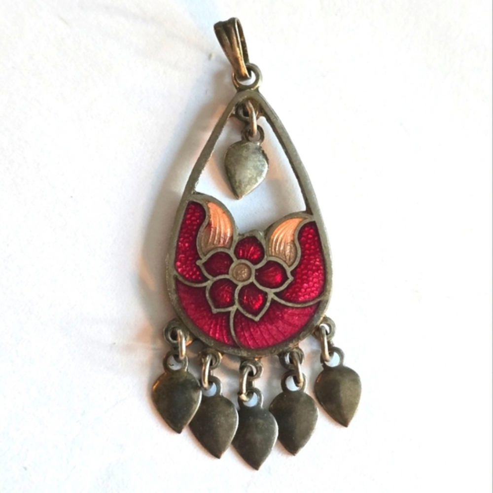 Vintage pendant charm red enamel floral dark silver tone boho jewelry